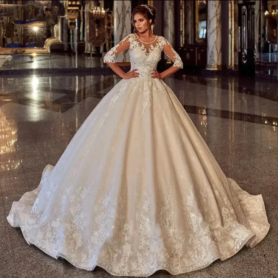 Elegant O-Neck Pearls Lace Appliques Ball Gown Wedding Dress 2023 Half Sleeves Bridal Gown Tulle Lace Up Robe De Mariée by payinti