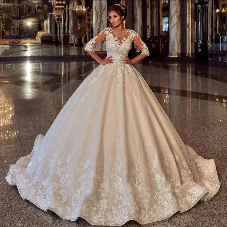 Elegant O-Neck Pearls Lace Appliques Ball Gown Wedding Dress 2023 Half Sleeves Bridal Gown Tulle Lace Up Robe De Mari�e (ZD14112) - VelvetHem
