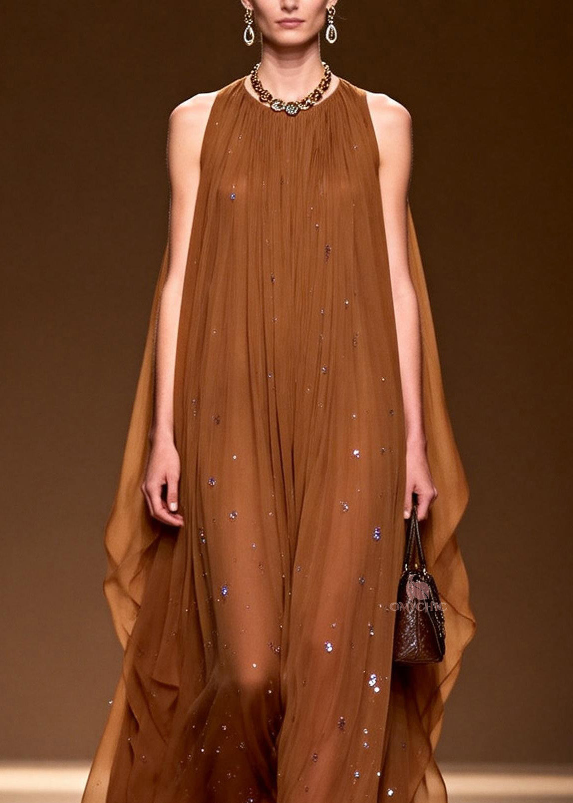 Elegant O Neck Zircon Chiffon Long Dress Sleeveless