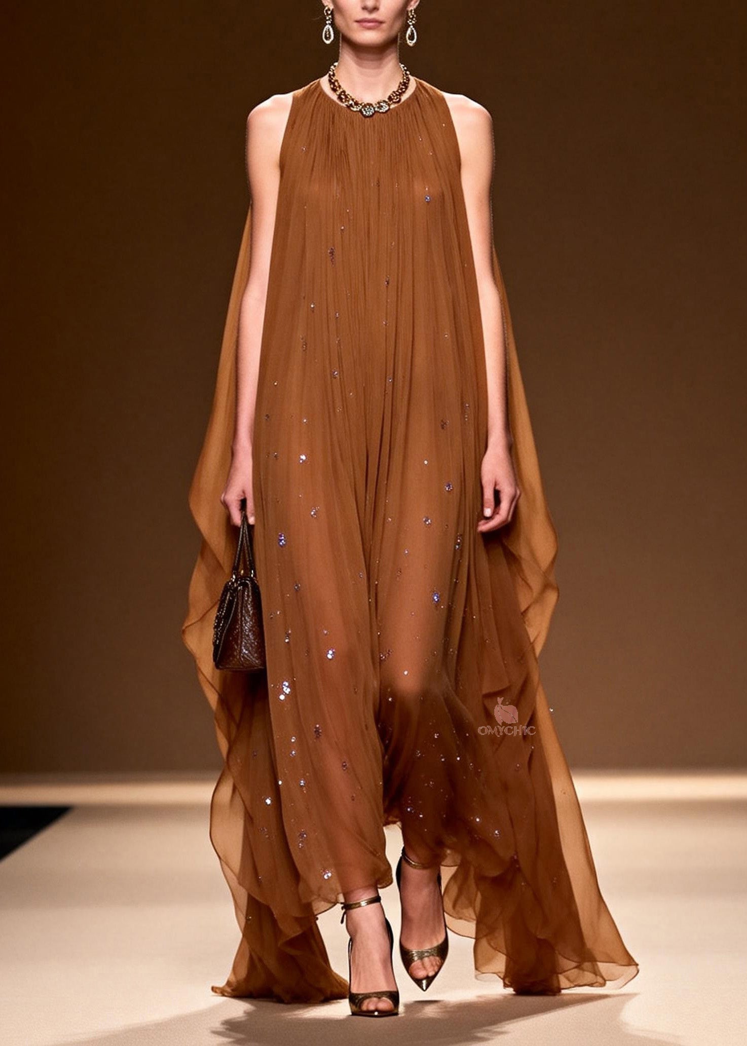 Elegant O Neck Zircon Chiffon Long Dress Sleeveless