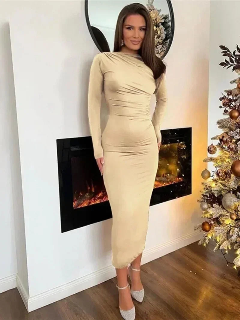 Spring Elegant Oneck Long Sleeve Bodycon Dress