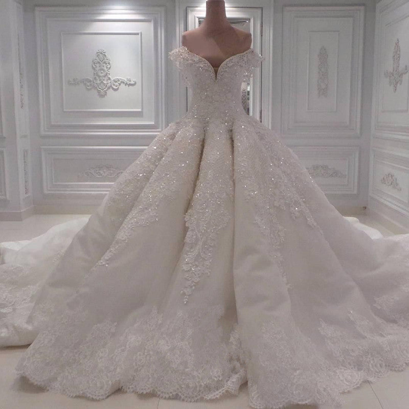 Elegant Off Shoulder Lace Wedding Dresses | Glamorous Beaded Bridal Ball Gown