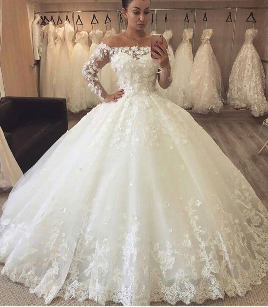 Elegant Off-the-Shoulder Long Sleeves Wedding Dresses | Tulle Appliques Bridal Gowns with Beadings
