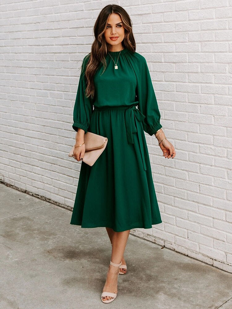 Elegant Office Dress Formal Loose Green Long Sleeve Belt ALine Midi Dresses