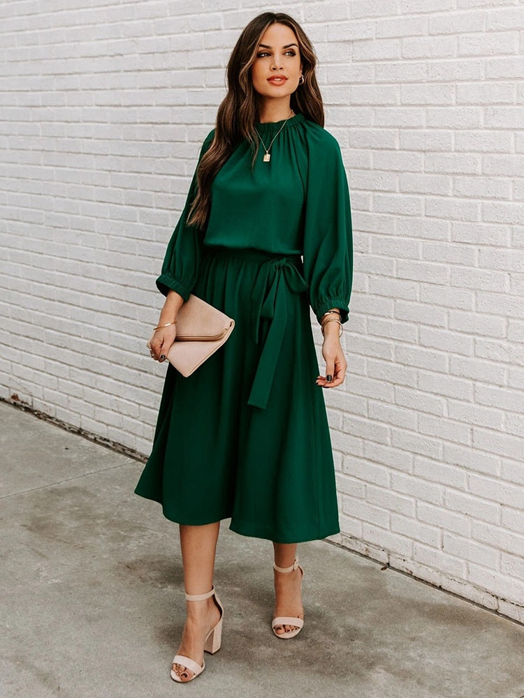 Elegant Office Dress Formal Loose Green Long Sleeve Belt ALine Midi Dresses