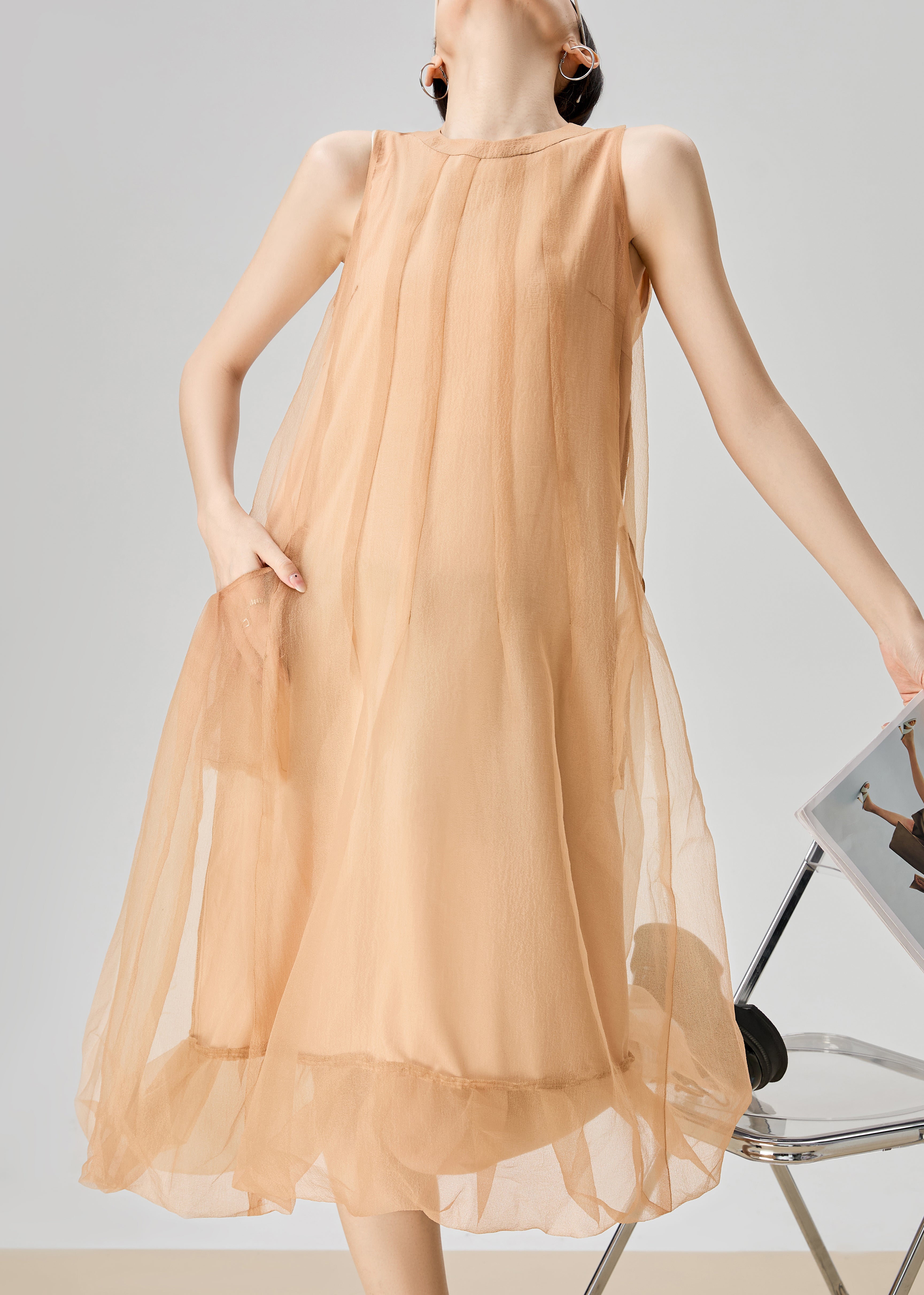 Elegant Orange O Neck Zippered Pockets Tulle Long Dress Sleeveless