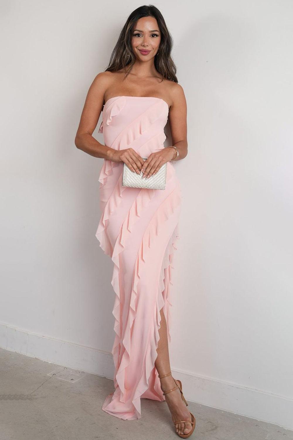 Suzhoufashion Elegant Pink Strapless Cascading Ruffle Long Prom Evening Dress Formal Evening Gown
