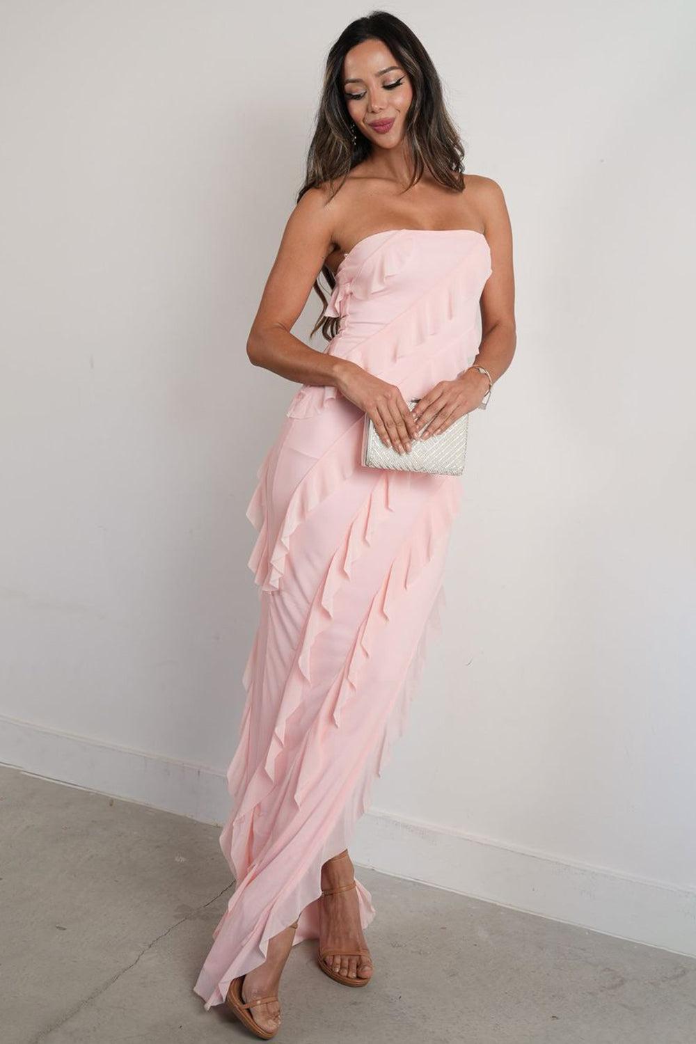 Suzhoufashion Elegant Pink Strapless Cascading Ruffle Long Prom Evening Dress Formal Evening Gown