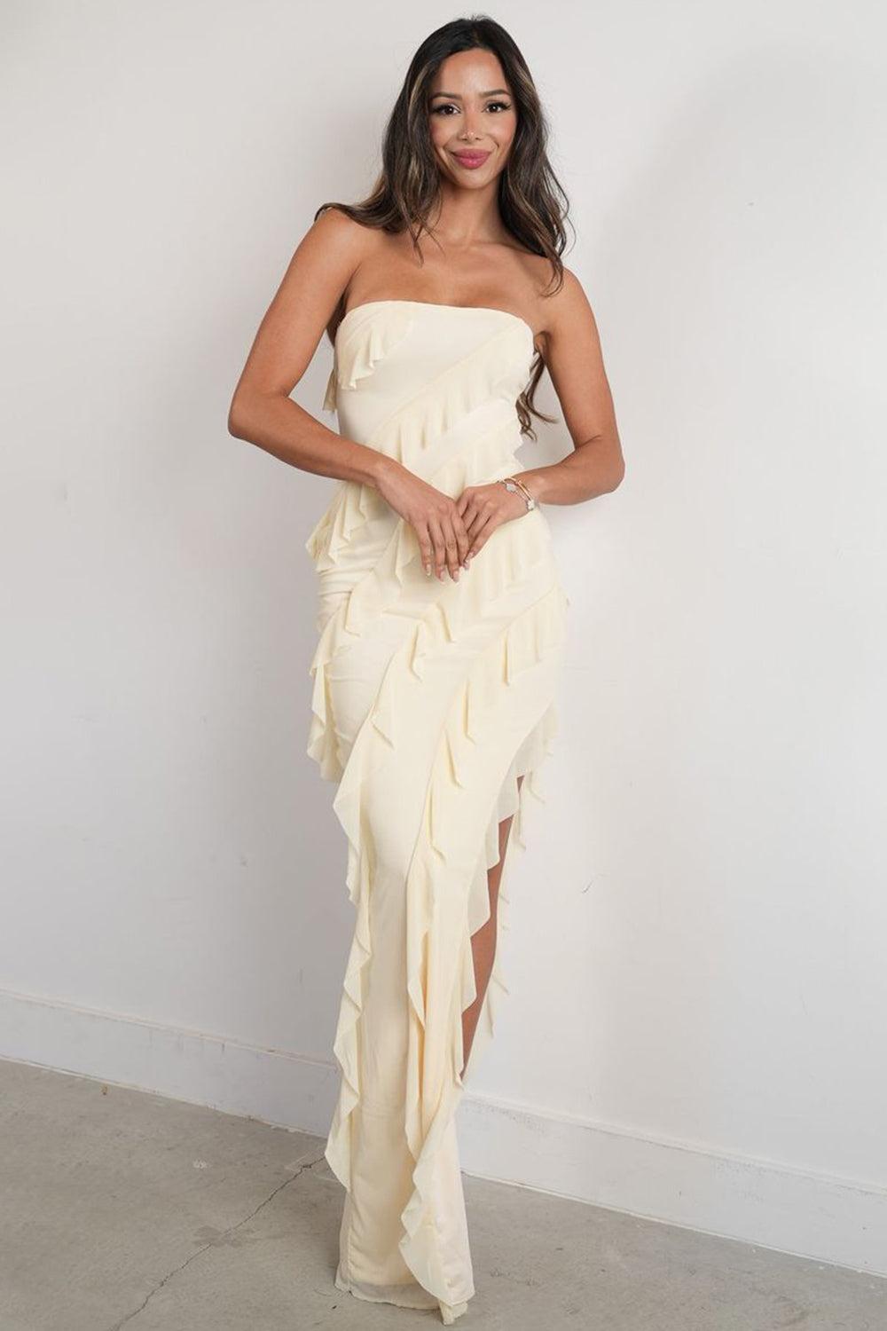 Suzhoufashion Elegant Pink Strapless Cascading Ruffle Long Prom Evening Dress Formal Evening Gown