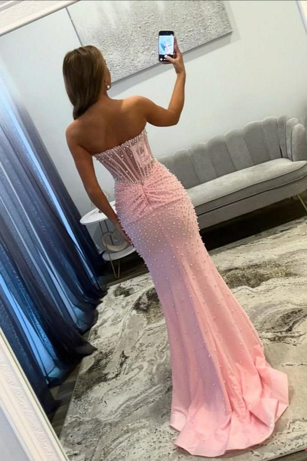 Suzhoufashion Pink Sweetheart Mermaid Corset Beaded Prom Dress With High Slit Formal Evening Gown