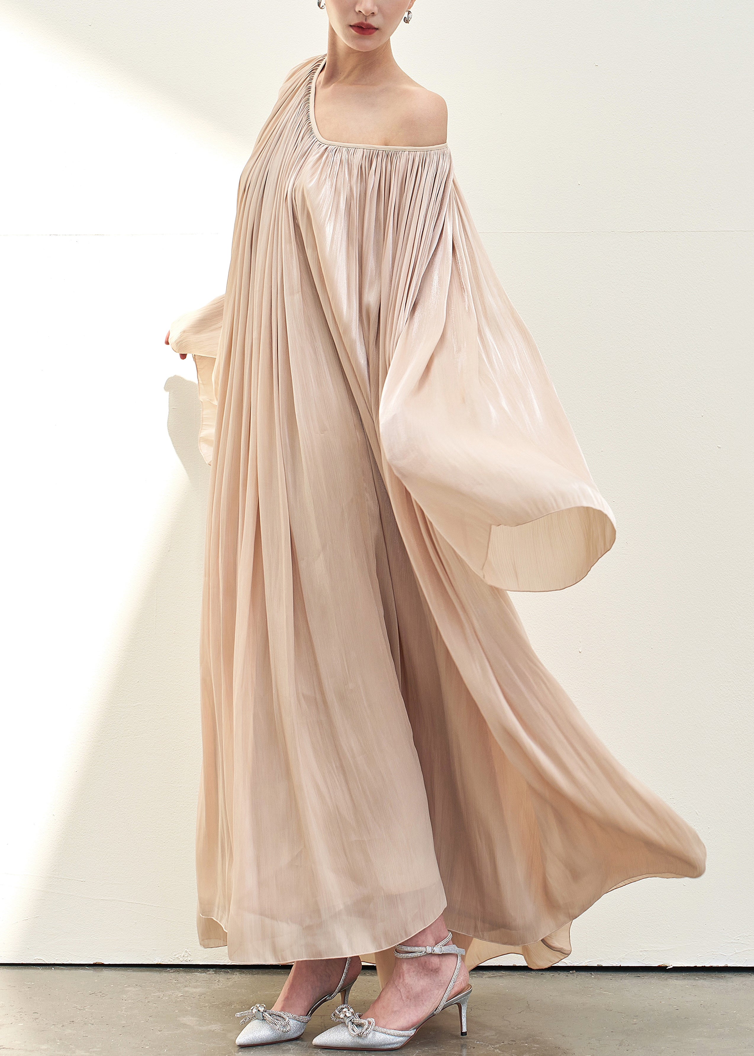 Elegant Pink V Neck Wrinkled Silk Maxi Dresses Fall
