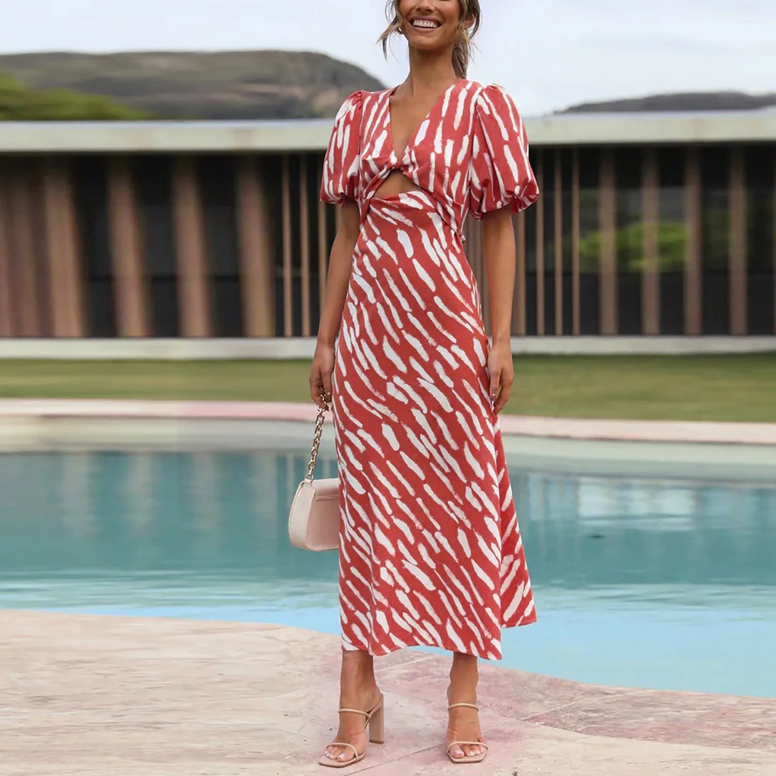 Elegant Boho Stripe Print VNeck Puff Sleeve Midi Dress
