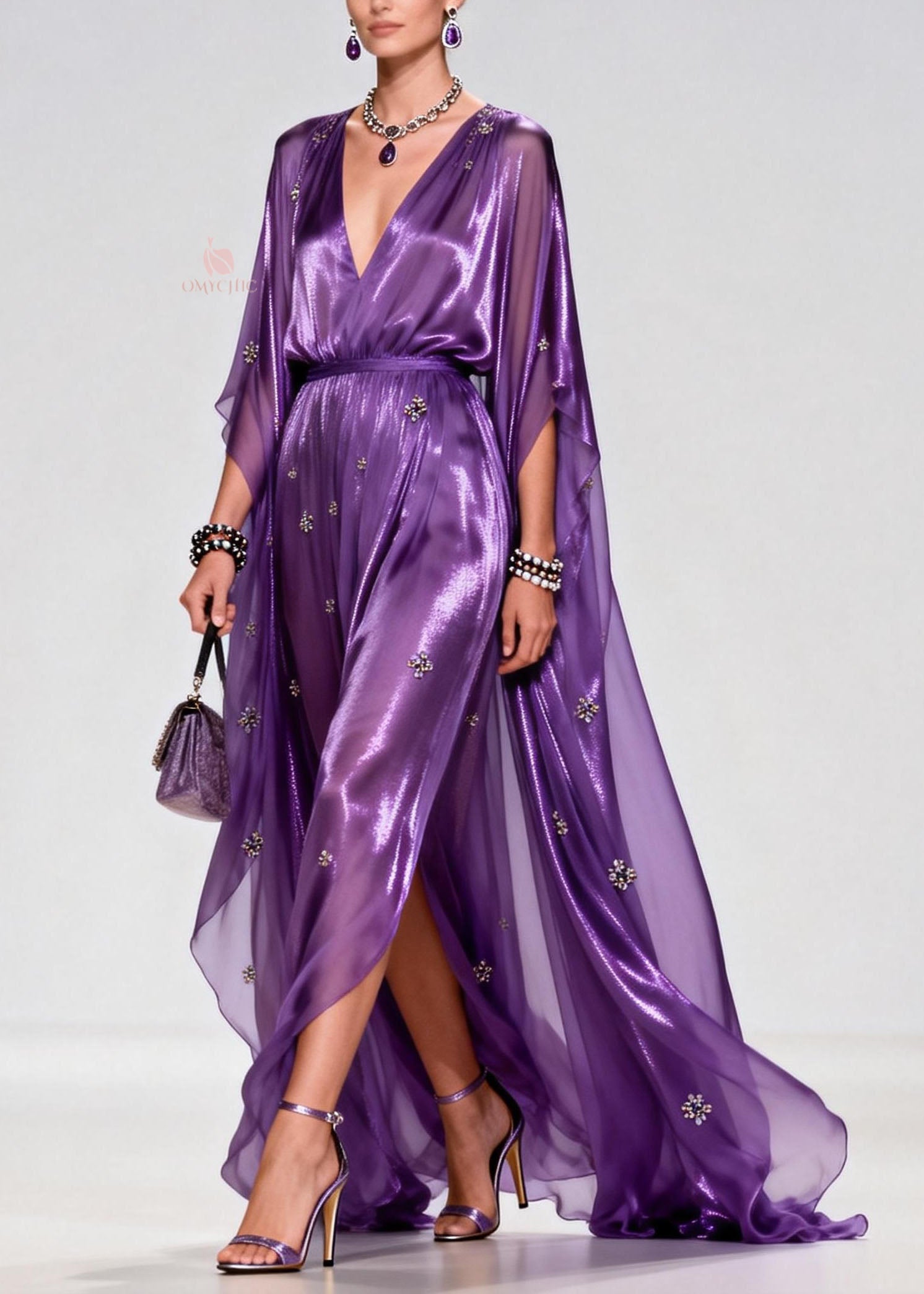 Elegant Purple V Neck Zircon Chiffon Long Dress Summer