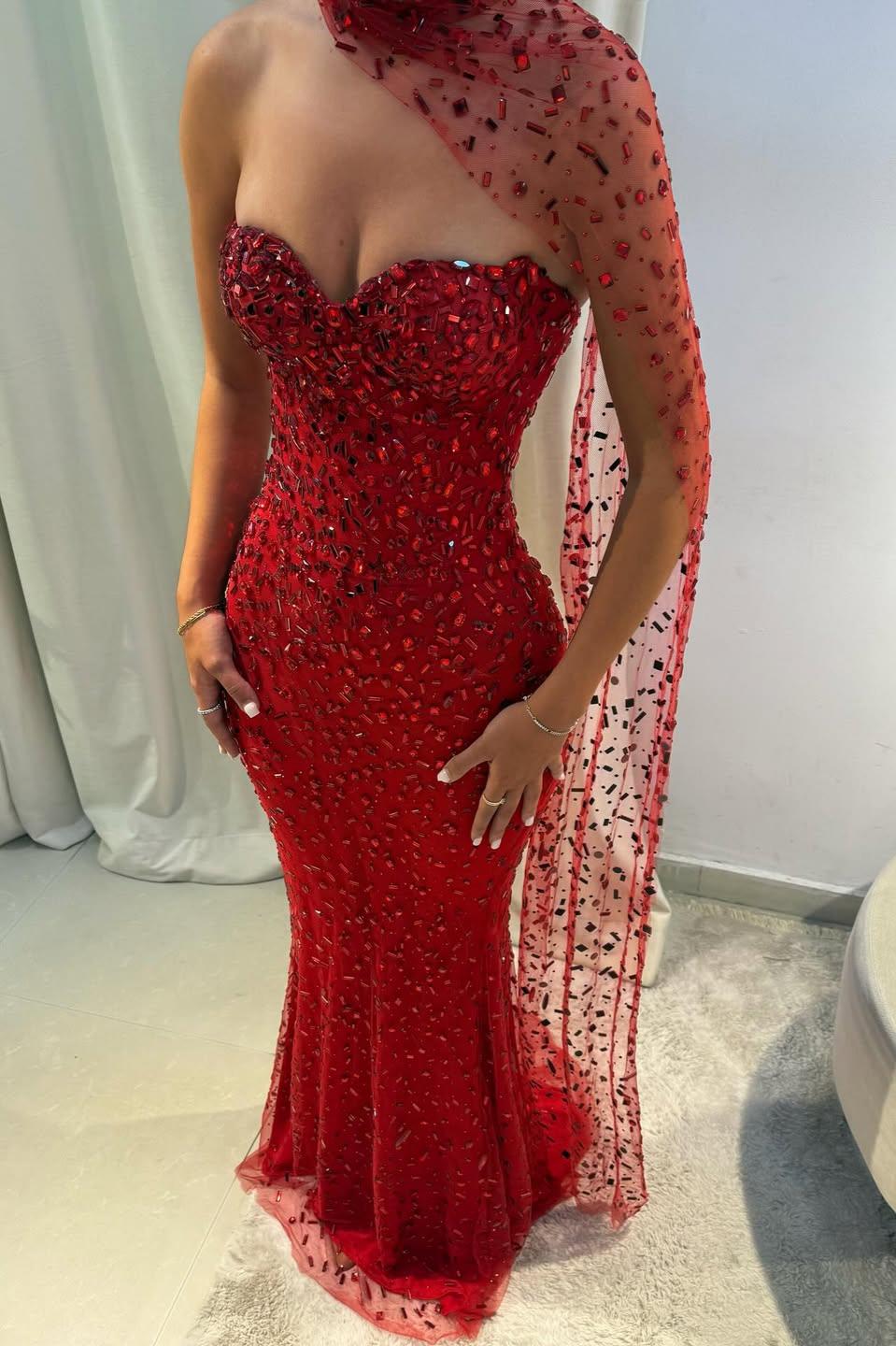 Suzhoufashion Red Sweetheart Beaded Fitted Mermaid Prom Dress With Scarf Formal Evening Gown