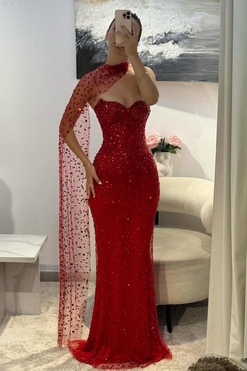 Suzhoufashion Red Sweetheart Beaded Fitted Mermaid Prom Dress With Scarf Formal Evening Gown