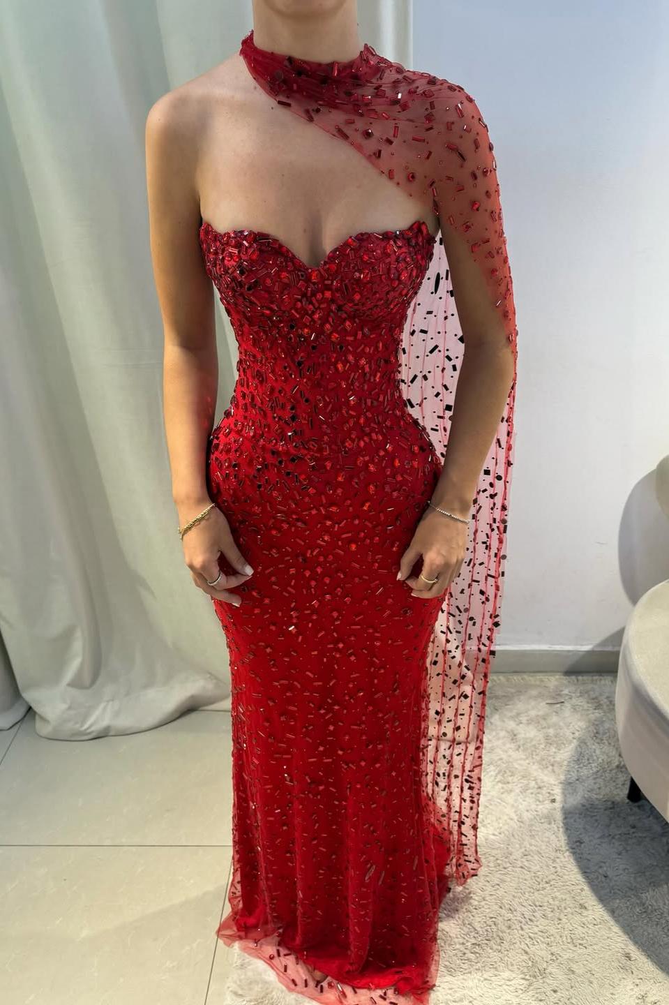 Suzhoufashion Red Sweetheart Beaded Fitted Mermaid Prom Dress With Scarf Formal Evening Gown