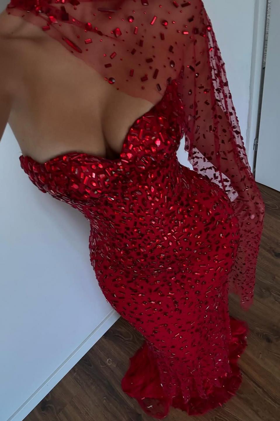 Suzhoufashion Red Sweetheart Beaded Fitted Mermaid Prom Dress With Scarf Formal Evening Gown
