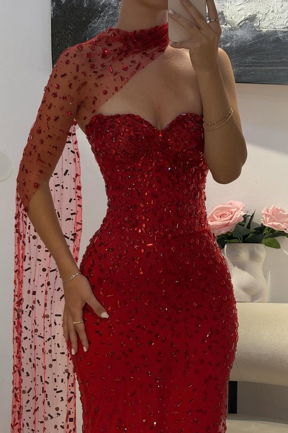 Suzhoufashion Red Sweetheart Beaded Fitted Mermaid Prom Dress With Scarf Formal Evening Gown