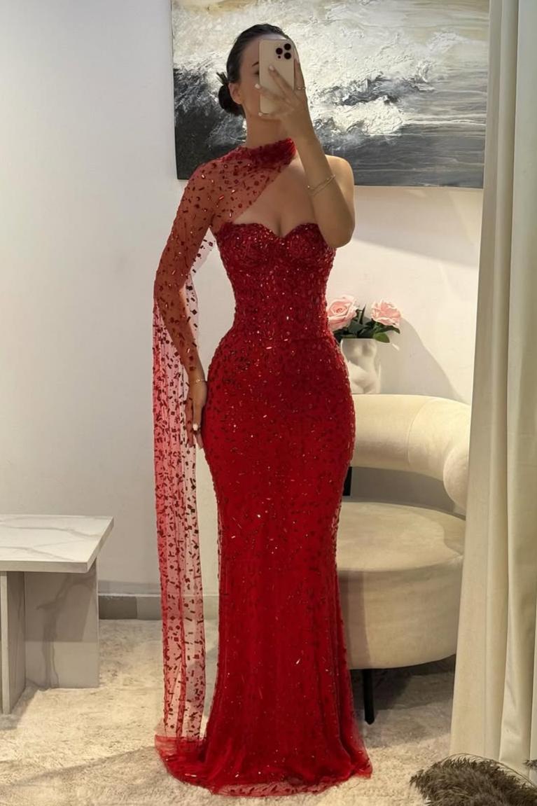 Suzhoufashion Red Sweetheart Beaded Fitted Mermaid Prom Dress With Scarf Formal Evening Gown