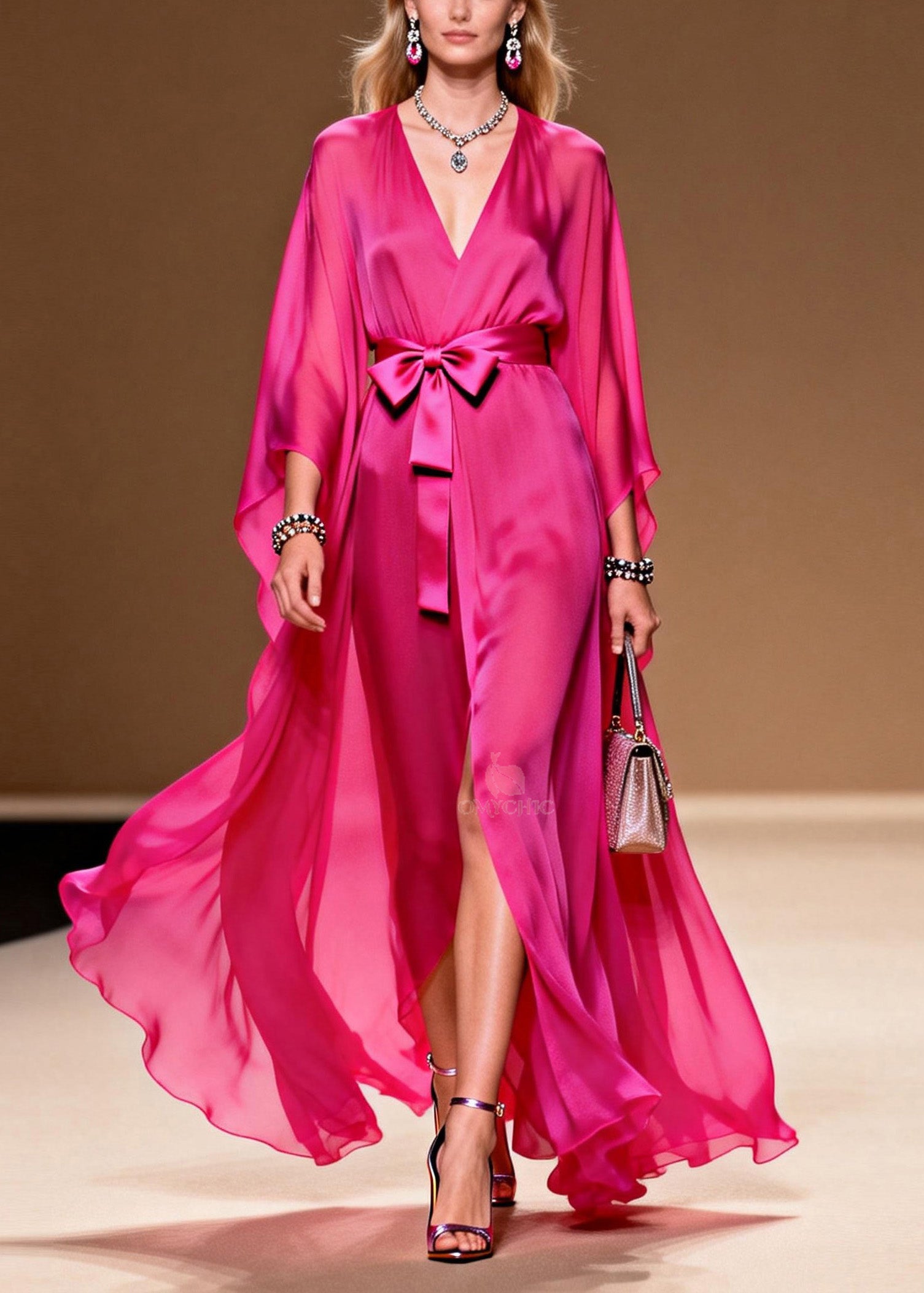 Elegant Rose V Neck Lace Up Chiffon Long Dress Summer