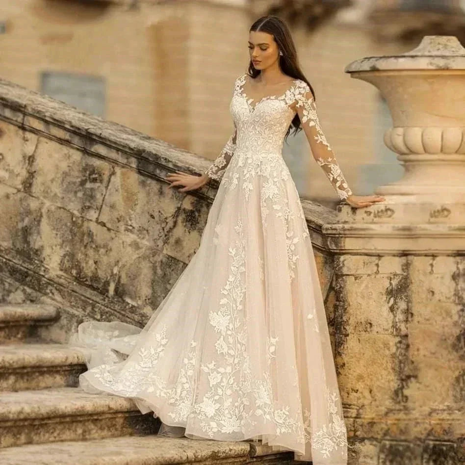Elegant Round Neck Wedding Dresses 2023 Lace Long Sleeve Decal A-line Fashion Women's Bridal Dress Robe Back Strap Design De (ZD14192)