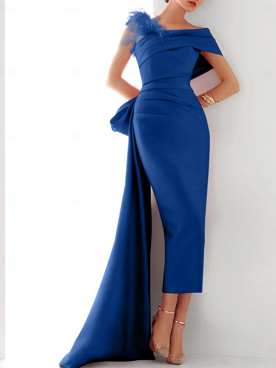 Elegant Satin Formal Gown with Feather Bow(s) One Shoulder Sleeveless Sheath Column and Sweep Brush Train