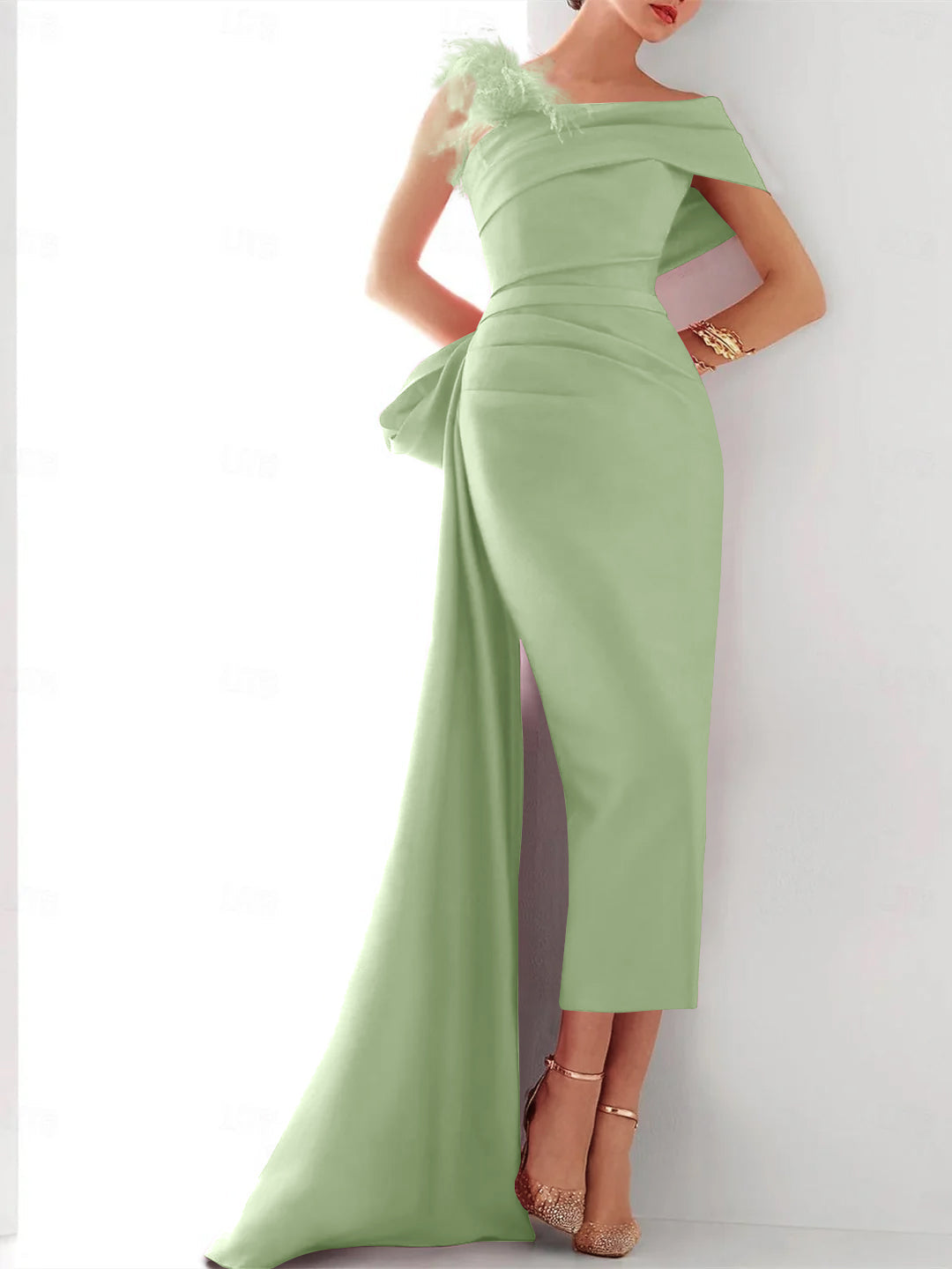 Elegant Satin Formal Gown with Feather Bow(s) One Shoulder Sleeveless Sheath Column and Sweep Brush Train