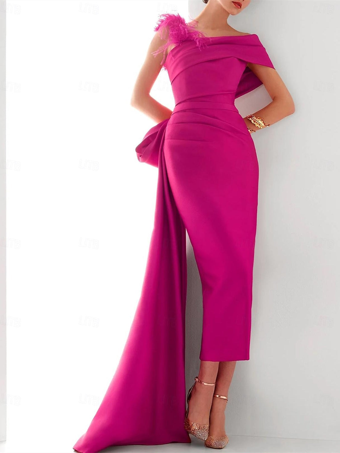 Elegant Satin Formal Gown with Feather Bow(s) One Shoulder Sleeveless Sheath Column and Sweep Brush Train