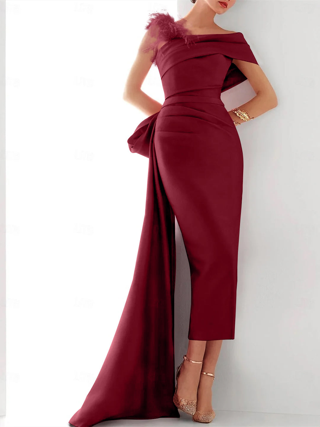 Elegant Satin Formal Gown with Feather Bow(s) One Shoulder Sleeveless Sheath Column and Sweep Brush Train