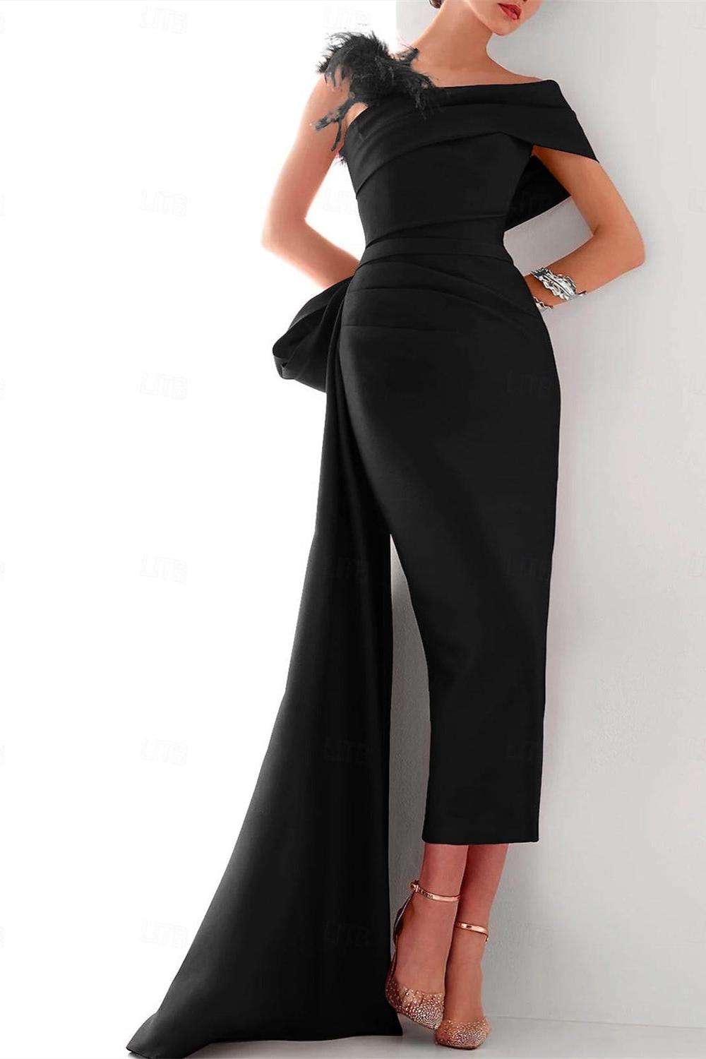 Elegant Satin Formal Gown with Feather Bow(s) One Shoulder Sleeveless Sheath Column and Sweep Brush Train