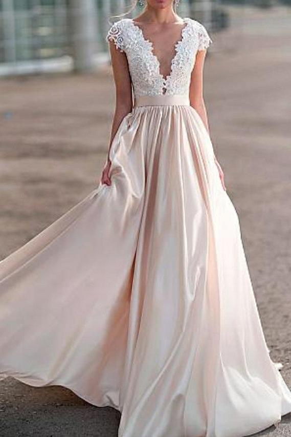 Elegant Sleeveless Deep V Neck Ruffles Beach Wedding Dresses With Lace