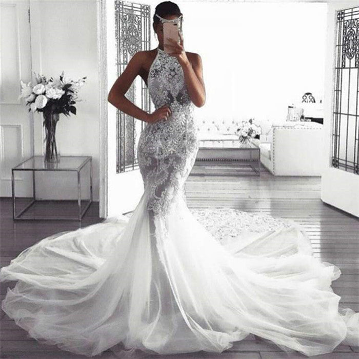Elegant Sleeveless Halter Beach Wedding Dresses | Sexy Mermaid Tulle Beach Bridal Dresses