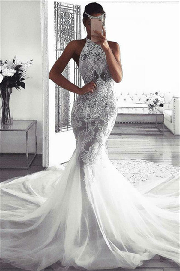 Elegant Sleeveless Halter Beach Wedding Dresses | Sexy Mermaid Tulle Beach Bridal Dresses