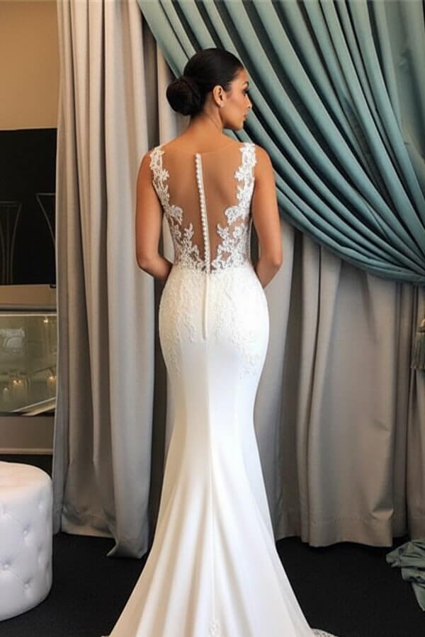 Elegant Sleeveless Mermaid Sheer Wedding Dresses | Lace Sweep Train Bridal Gowns