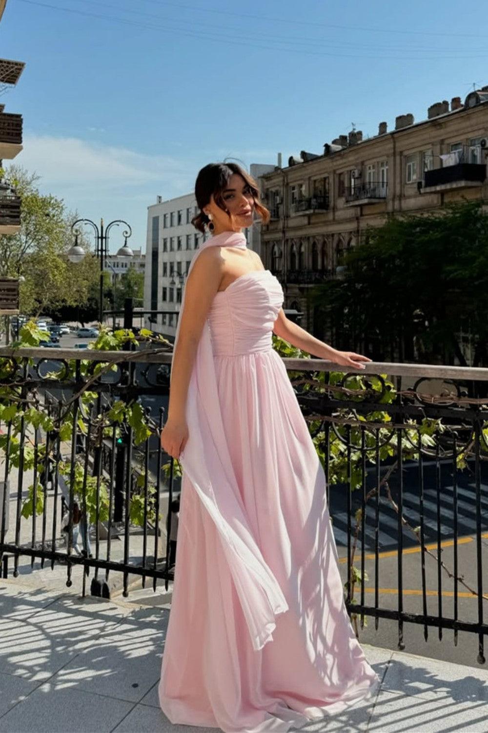Suzhoufashion Elegant Strapless A-Line Chiffon Long Prom Dress With Scarf Detail Formal Evening Gown