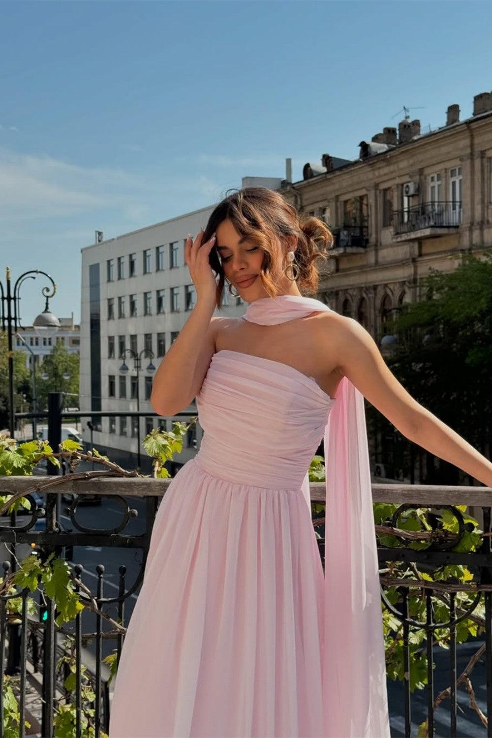 Suzhoufashion Elegant Strapless A-Line Chiffon Long Prom Dress With Scarf Detail Formal Evening Gown