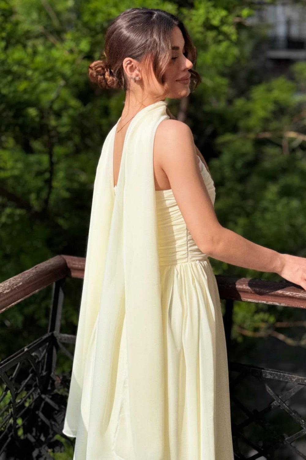 Suzhoufashion Elegant Strapless A-Line Chiffon Long Prom Dress With Scarf Detail Formal Evening Gown