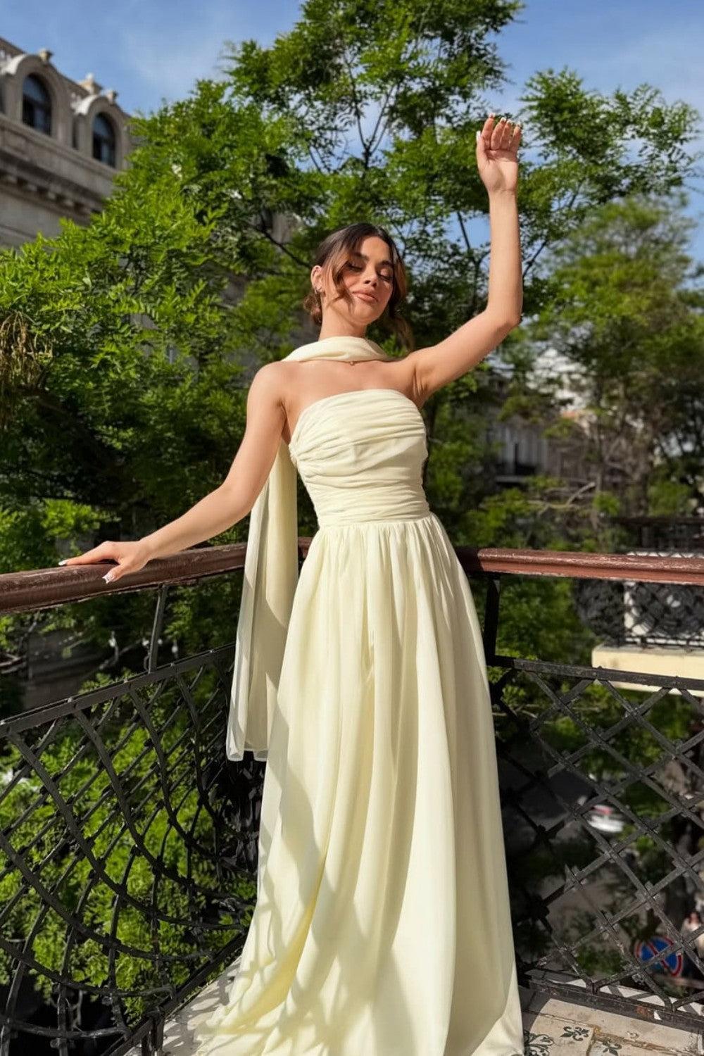 Suzhoufashion Elegant Strapless A-Line Chiffon Long Prom Dress With Scarf Detail Formal Evening Gown