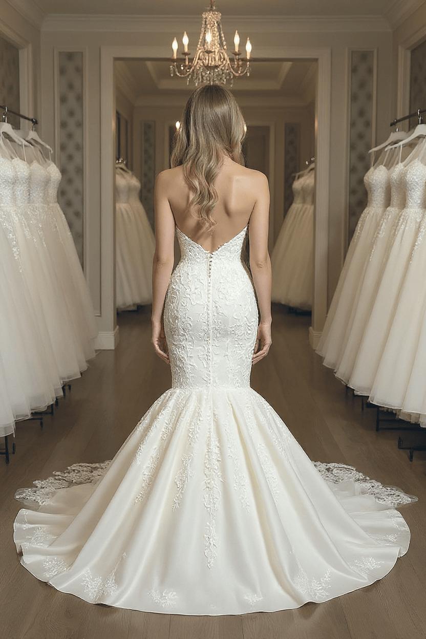 Elegant Strapless Sleeveless Mermaid Satin Floor-Length Wedding Dresses with Lace