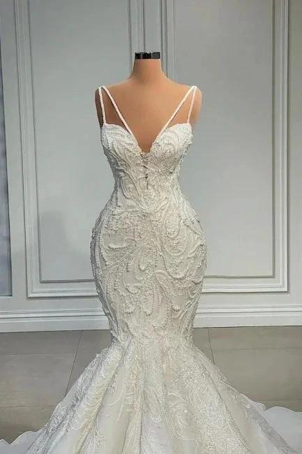 Elegant Strapless Sleeveless Mermaid Satin Floor-Length Wedding Dresses with Lace (ZD16407) - VelvetHem