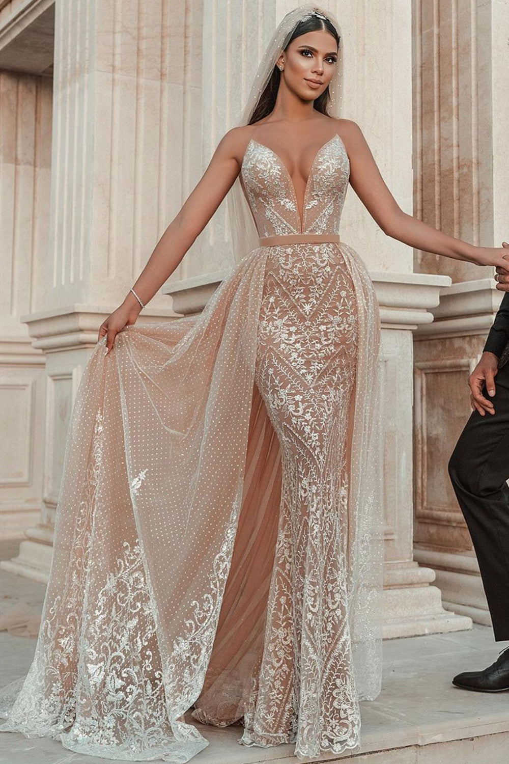 Elegant Strapless Tulle Nude Pink Sequins Beach Wedding Dresses With Detachable Skirt