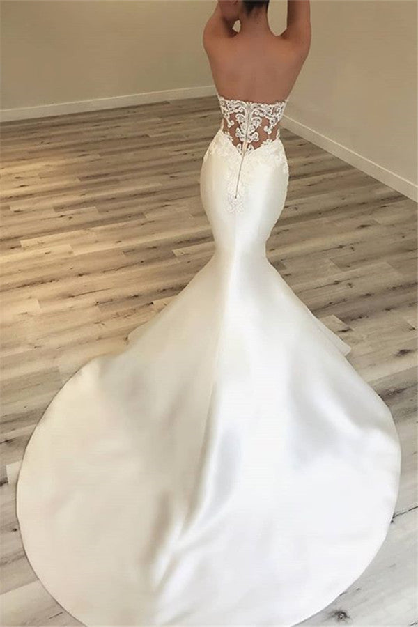 Elegant Sweetheart Mermaid Satin Bridal Gowns | Sexy Lace Open Back Wedding Dresses BC0628