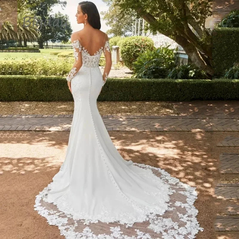 Elegant Sweetheart Mermaid Wedding Dress 2023 White Long Sleeve Open Back Lace Applique Bridal Gown Sweep Train Vestido De Novia (ZD13323)