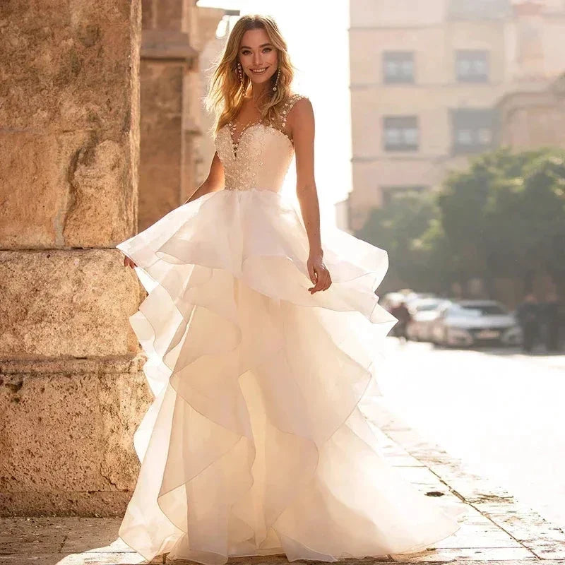 Elegant Sweetheart Wedding Dresses 2024 Applique Flowers Sleeveless Illusion Back Tiered Ball Gowns Court Train Vestido De Novia (ZD14246) - VelvetHem