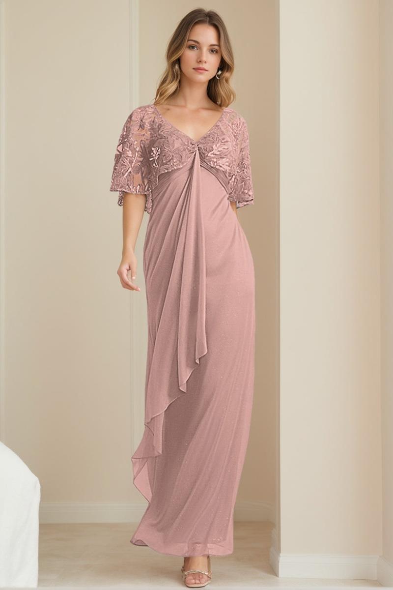Elegant V Neck A Line Mother of the Bride Dress with Appliques Ankle Length