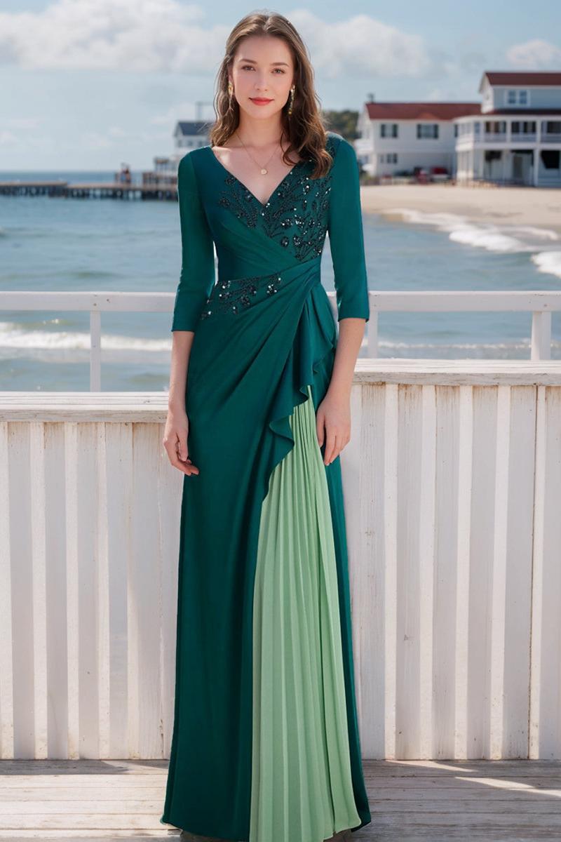 Elegant V Neck A Line Gown for Mothers of the Bride & Groom with Long Sleeves Ruffles and Appliques