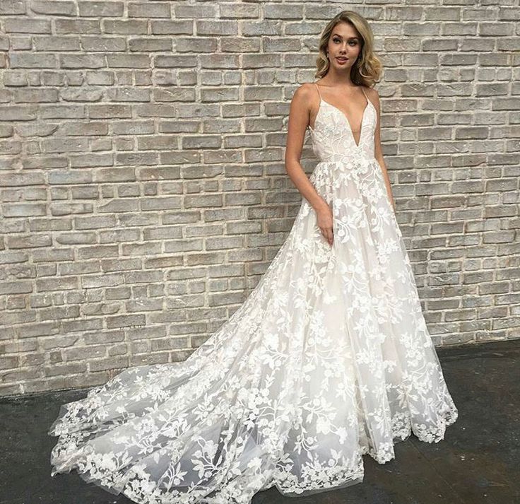 Elegant V-Neck Lace A-line Beach Wedding Dresses | Spaghetti Straps Sleeveless Bridal Gowns