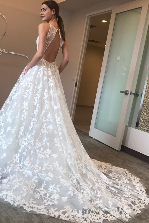 Elegant V-Neck Lace A-line Beach Wedding Dresses | Spaghetti Straps Sleeveless Bridal Gowns
