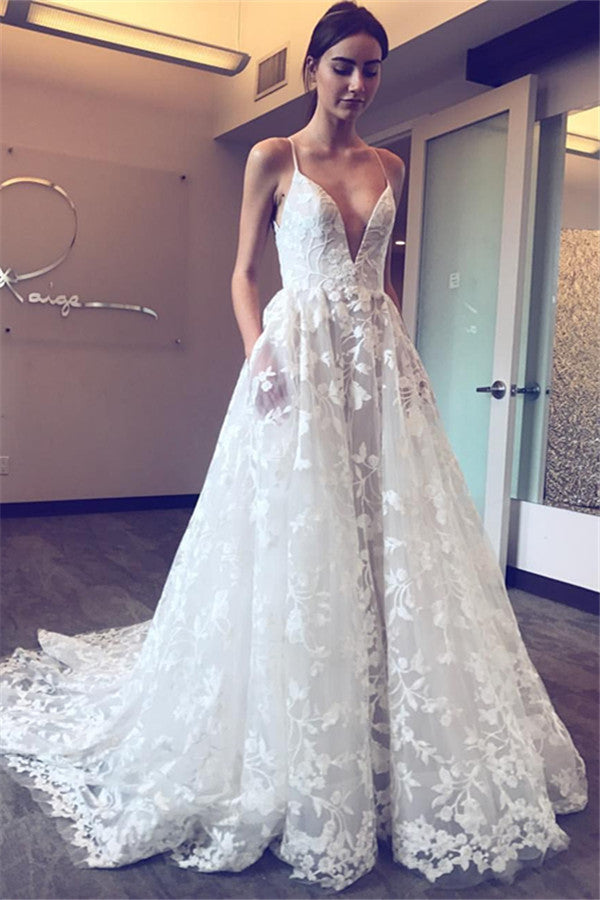 Elegant V-Neck Lace A-line Beach Wedding Dresses | Spaghetti Straps Sleeveless Bridal Gowns