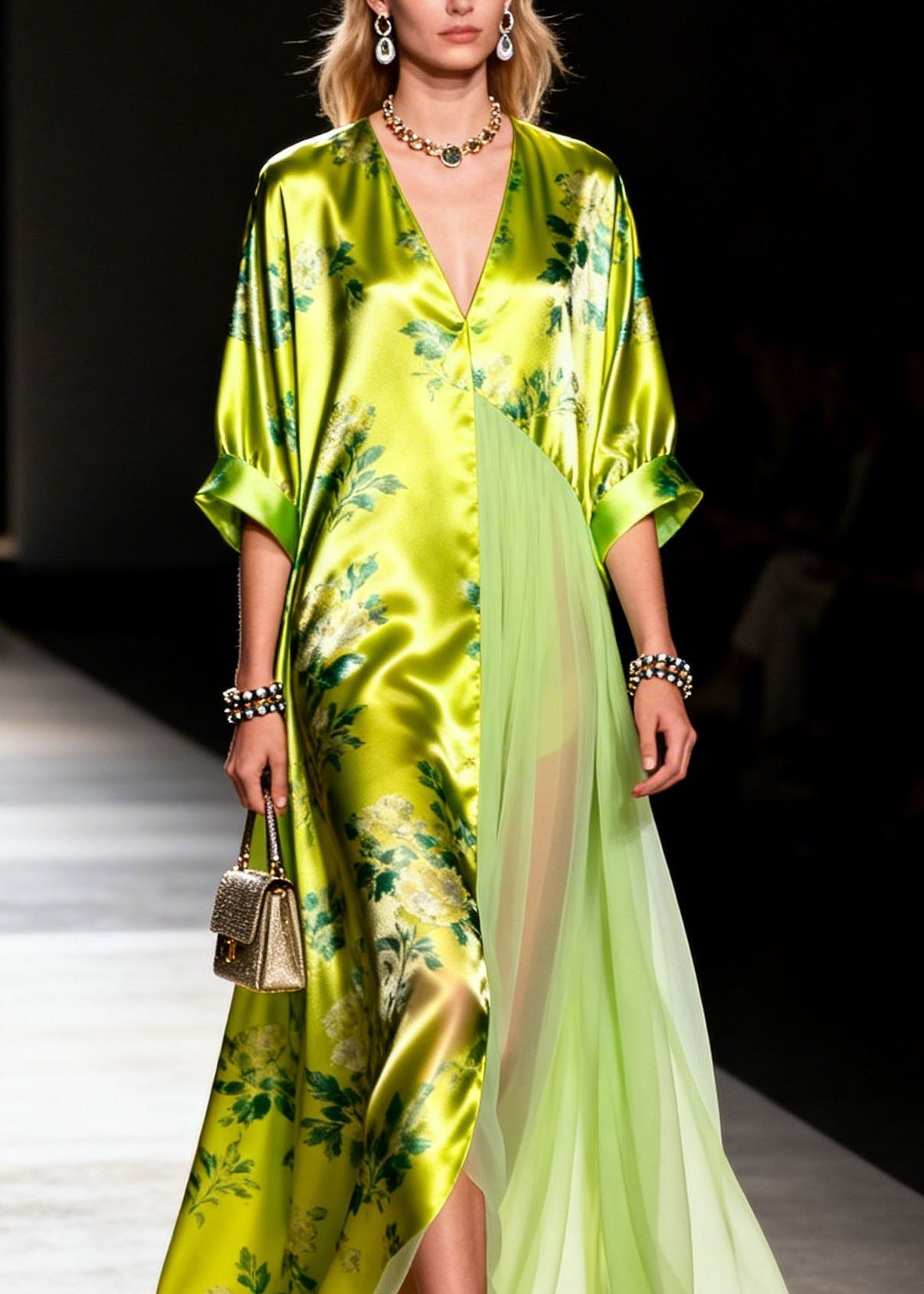 Elegant V Neck Print Patchwork Silk Long Dress Summer